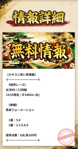 カチスジ 当サイトで確認した画面(無料情報の買い目・的中とされた日)