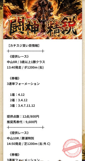 カチスジ 当サイトで確認した画面(闘神精鋭の買い目)