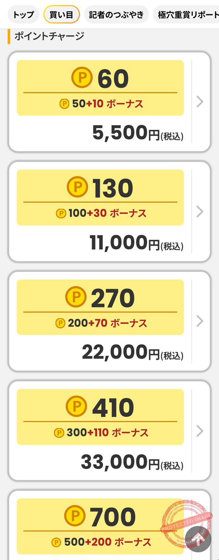 暴露王の会員ページ「購入商品選択」の画面(ポイントの価格表・2026年10月17日撮影・会員情報は伏せ字)