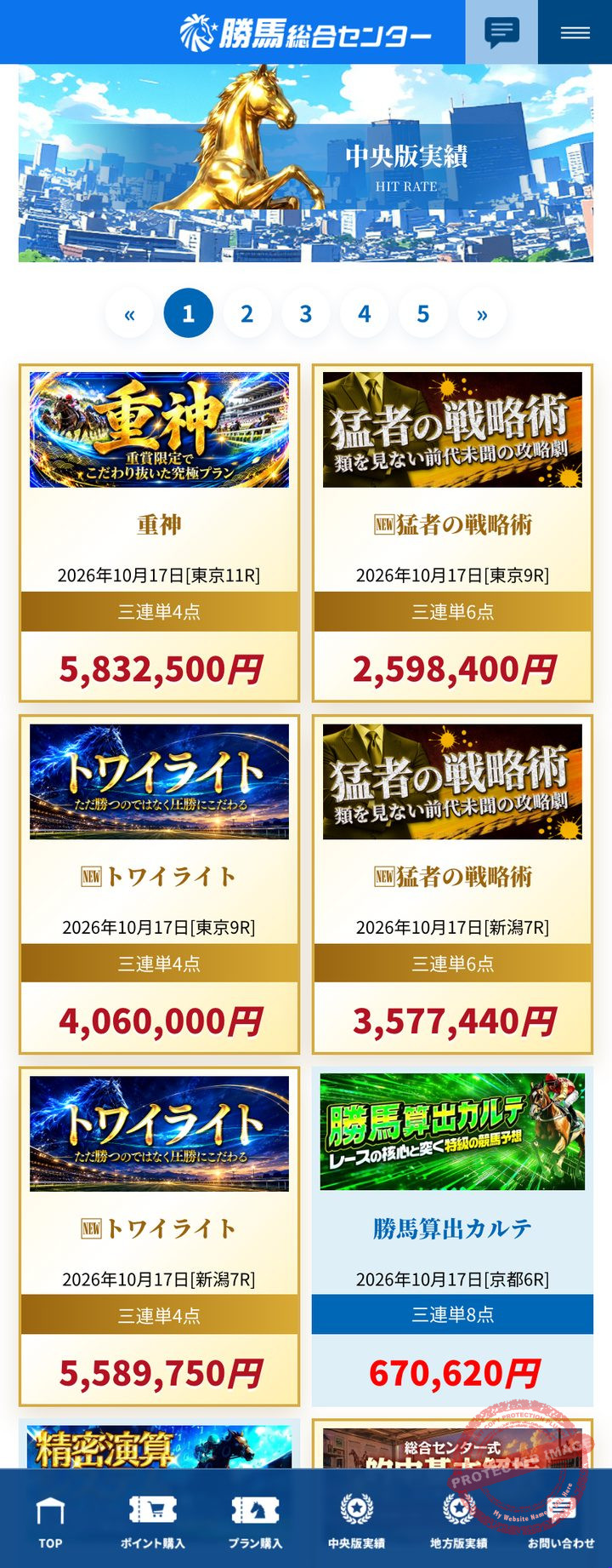 勝馬総合センターの会員ページ「中央版実績」(2026年10月18日撮影・登録名と会員番号は伏せ字)