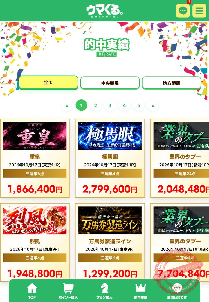 ウマくる。(新)の会員ページ「的中実績」の一覧(2026年10月18日撮影・会員情報は伏せ字)