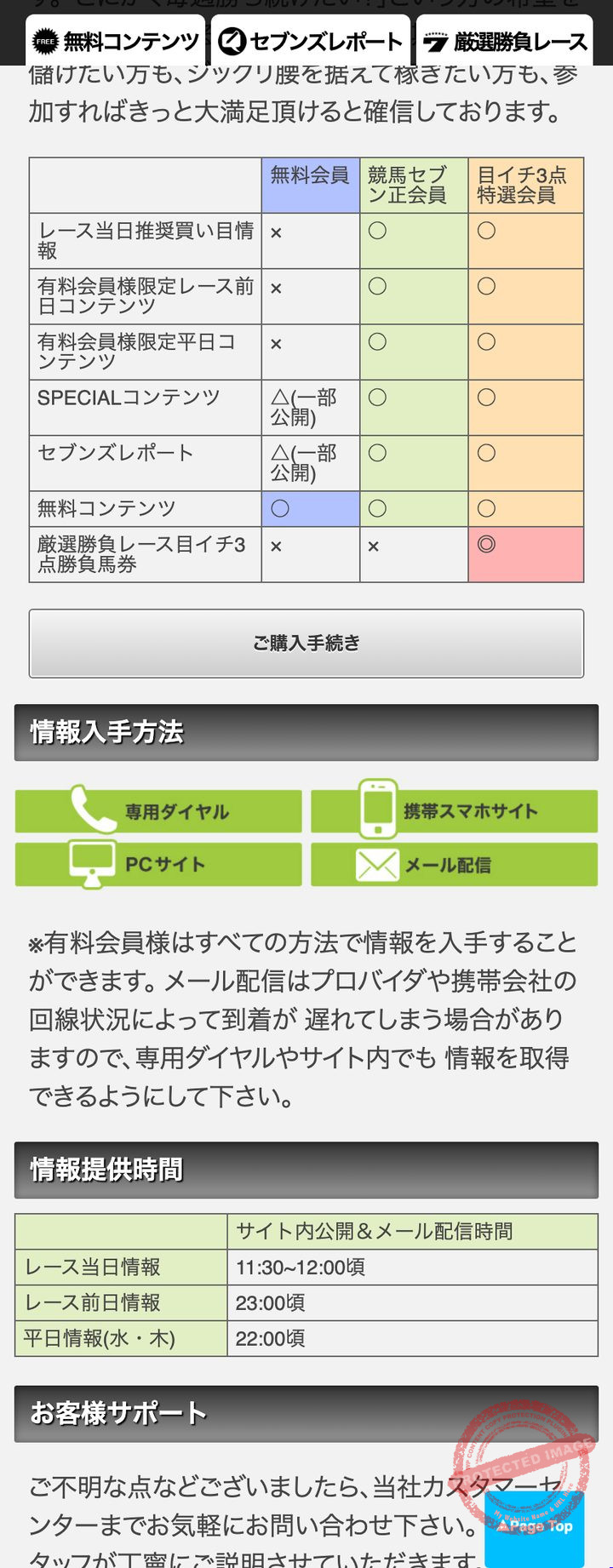 競馬セブンの「有料会員情報」にある無料会員・正会員・目イチ3点特選会員の比較表（2026年10月17日撮影）