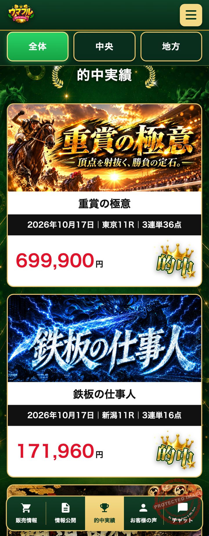 ウマフルの会員ページ「的中実績」（2026年10月18日撮影・登録情報は伏せ字）