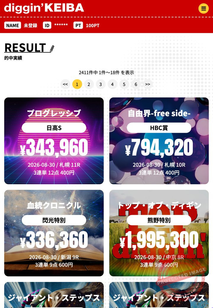 diggin'KEIBAの会員ページ「的中実績」一覧(2026年9月3日撮影・会員IDは伏せ字)