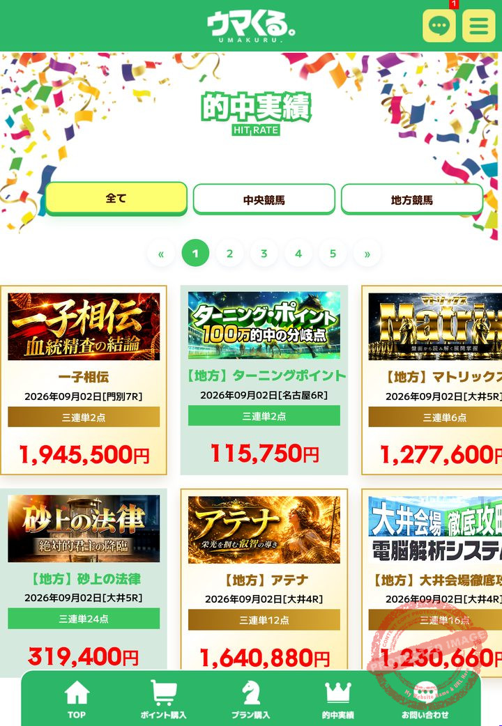 ウマくる。の会員ページ「的中実績」一覧（2026年9月3日撮影・会員IDは伏せ字）