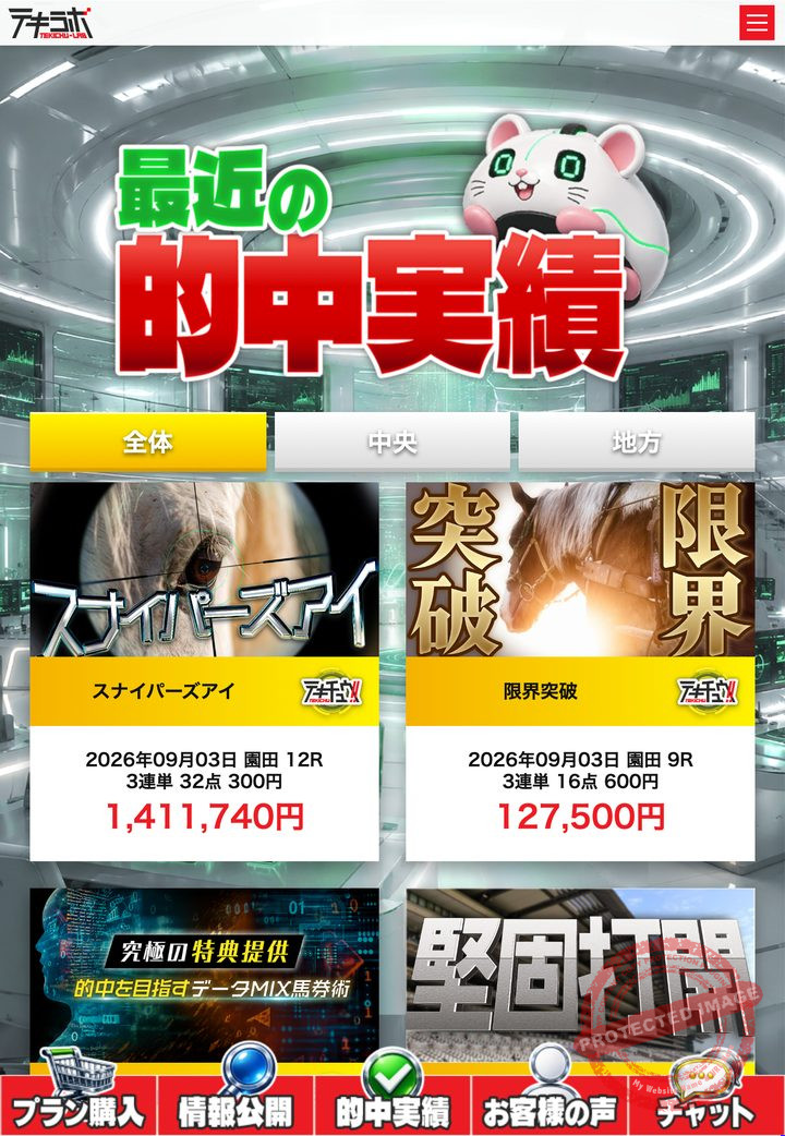 テキラボの会員ページ「的中実績」一覧(2026年9月3日撮影・会員IDは伏せ字)