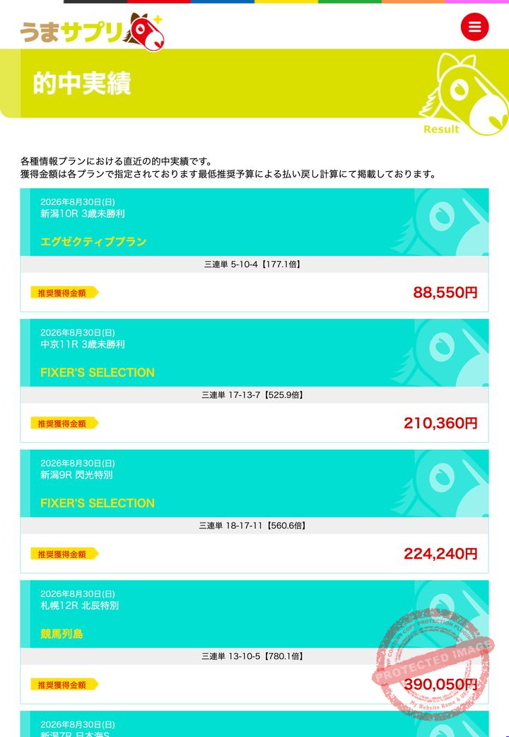 うまサプリの会員ページ「的中実績」一覧（2026年9月3日撮影・会員IDは伏せ字）