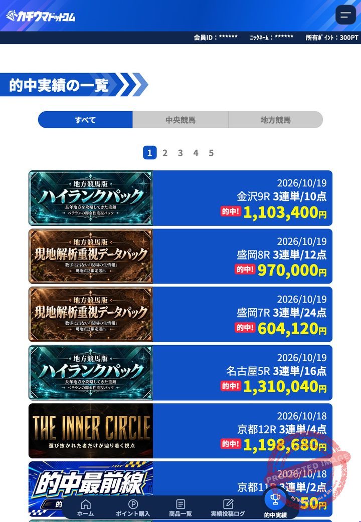 カチウマドットコムの会員ページ「的中実績」の一覧(2026年10月22日撮影・会員IDなどは伏せ字)